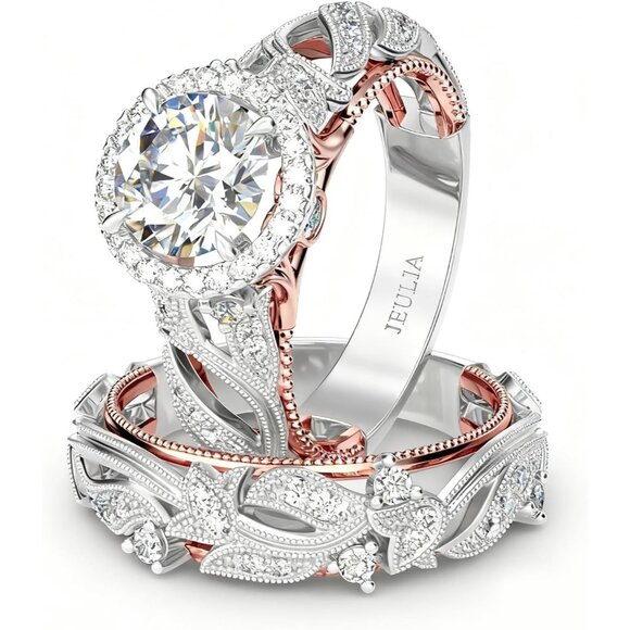 4 Carat Openwork Ring Sets for Women 925 Sterling Silver Wedding Sets Rose Gold